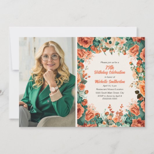 オレンジミントグリーンフローラ75誕生日写真 招待状 (正面)