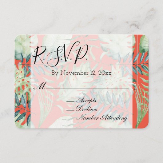 オレンジミントトロピカルグリーン離れウェディングRSVP エンクロージャーカード (正面)