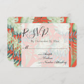オレンジミントトロピカルグリーン離れウェディングRSVP エンクロージャーカード (正面/裏面)