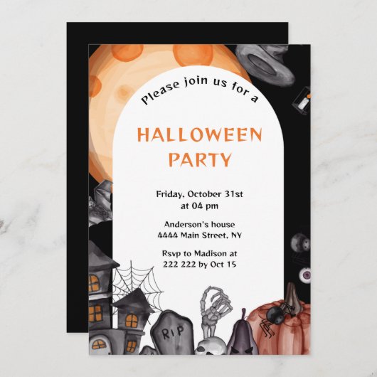 オレンジムーンヘアリングハウスハロウィーン招待状 招待状 (正面/裏面)