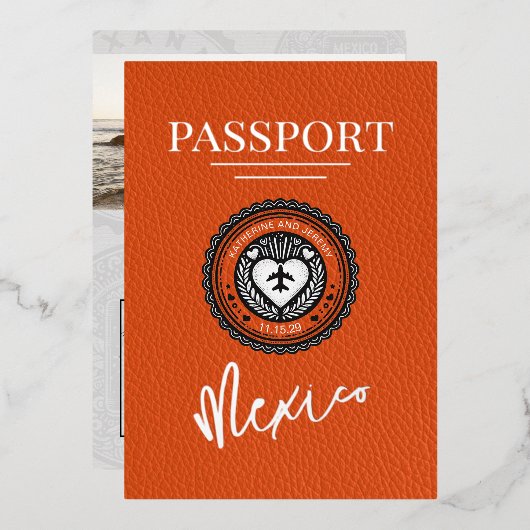 オレンジメキシコパスポ結婚ート 箔招待状 (正面/裏面)