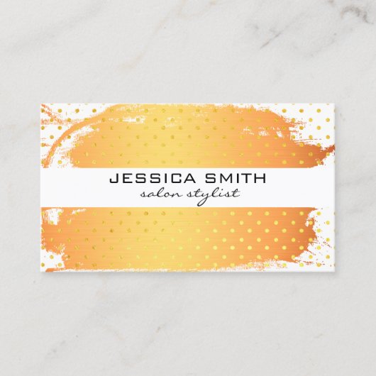 オレンジメタリックブラシ金ゴールド水玉模様 名刺 (正面)