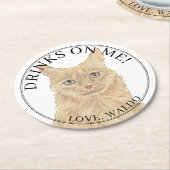 オレンジメパーソナライズされたーヌクーンキャッ結婚ト ラウンドペーパーコースター (アングル)