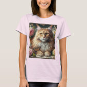 オレンジメビクトリアンーヌクーンキャットとピンクのバラ Tシャツ (正面)