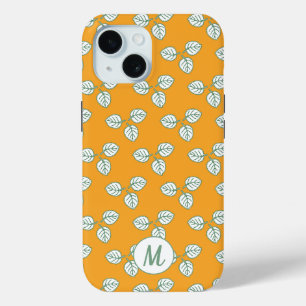 オレンジモダンと白の葉柄モノグラム iPhone 15ケース