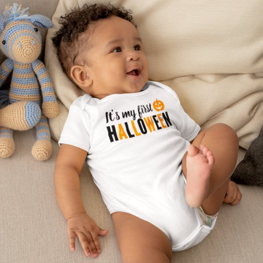 オレンジモダンと黒の私の最初のハロウィーン ベビーボディスーツ