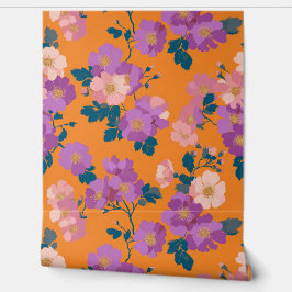 オレンジモダンにピンクと紫のフローラ 壁紙