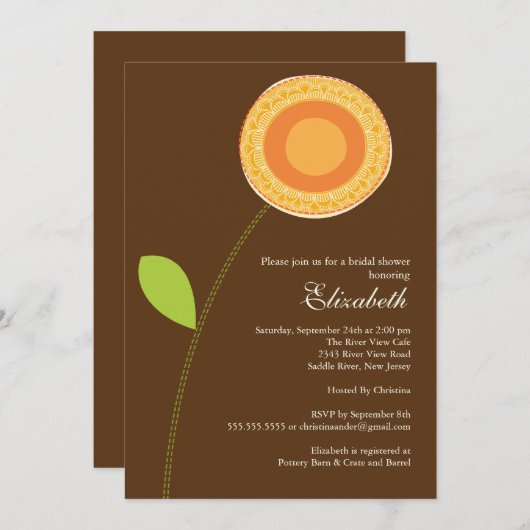 オレンジモダンはっきりした開花ブライダルシャワー招待状 招待状 (正面/裏面)