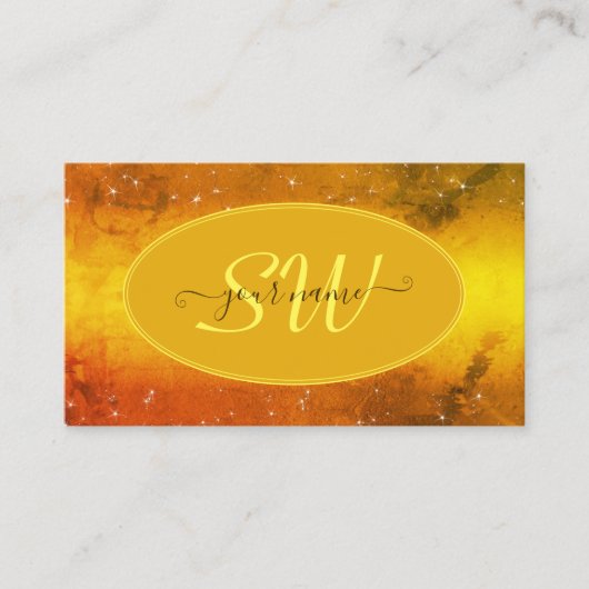 オレンジモダンイエローマーブルグリッタースターズモノグラム 名刺 (正面)