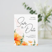 オレンジモダンエレガント色の秋の結婚式日付の保存 ポストカード (スタンド正面)