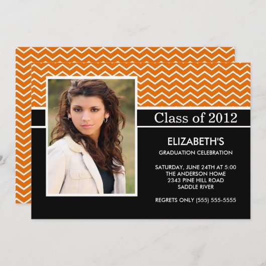 オレンジモダンシェブロン写真卒業パーティー 招待状 (正面/裏面)