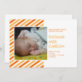 オレンジモダンストライプ色のベビー誕生の発表 案内状 (正面/裏面)