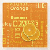 オレンジモダンタイポグラフィフルーツスライス ガラスコースター (正面)