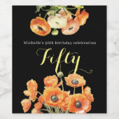 オレンジモダンフローラブラック50thバースデーパーティー ワインラベル (シングルラベル)