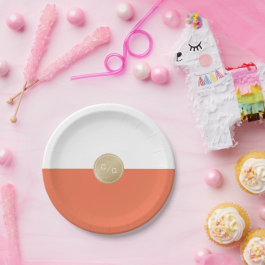 オレンジモダンミニマル結婚主義モノグラム ペーパープレート (パーティー)