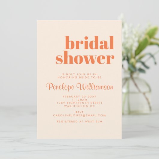 オレンジモダンレトロはっきりしたタイポグラフィブライダルシャワー 招待状 (スタンド正面)