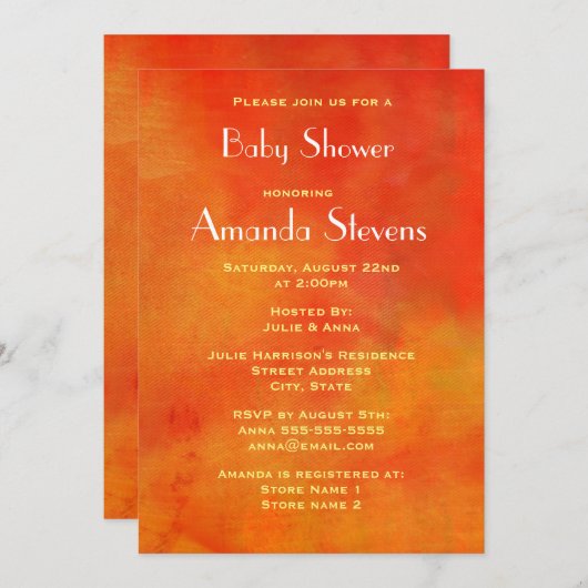 オレンジモダン絵画色の赤ちゃんシャワーの抽象芸術 招待状 (正面/裏面)