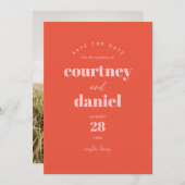 オレンジモダン色のトレンディー写真の保存日付 セーブザデート (正面/裏面)