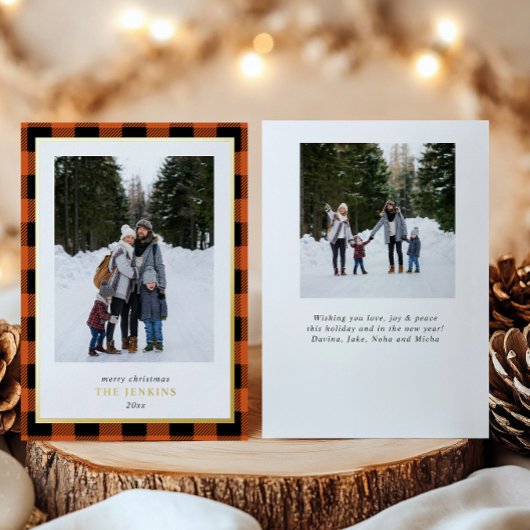 オレンジモダン色のバッファロープレイドクリスマスツーフォト 箔シーズンカード