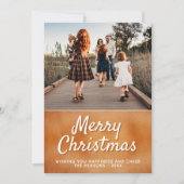 オレンジモダン色のメタリックメリークリスマスフォト シーズンカード (正面)