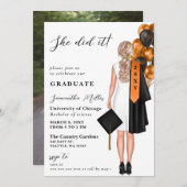 オレンジモダン色の写真彼女はそれを卒業した 招待状 (正面/裏面)