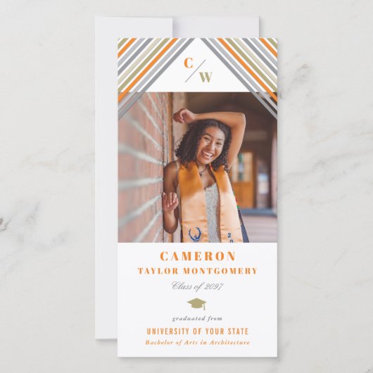 オレンジモダン色の斜ストライプ斜め写真卒業 案内状 (正面)