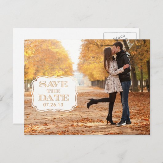 オレンジモダン色の旋回ラベル日付の写真カードを保存 案内ポストカード (正面/裏面)