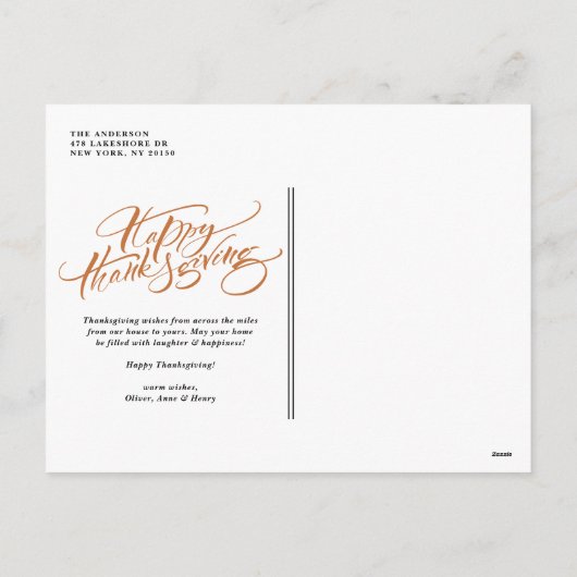 オレンジモダン色の書道ハッピーサンクスギビング シーズンポストカード (裏面)