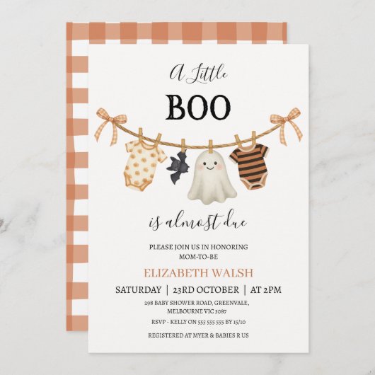 オレンジモダン色の物干し小さなブーブベイビーシャワー 招待状 (正面/裏面)