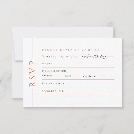 オレンジモダン色の結婚式RSVP返信カードの食事の選択 出欠カード (正面)