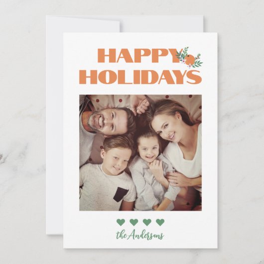 オレンジモダン色の緑のクリスマス家族の写真 シーズンカード (正面)
