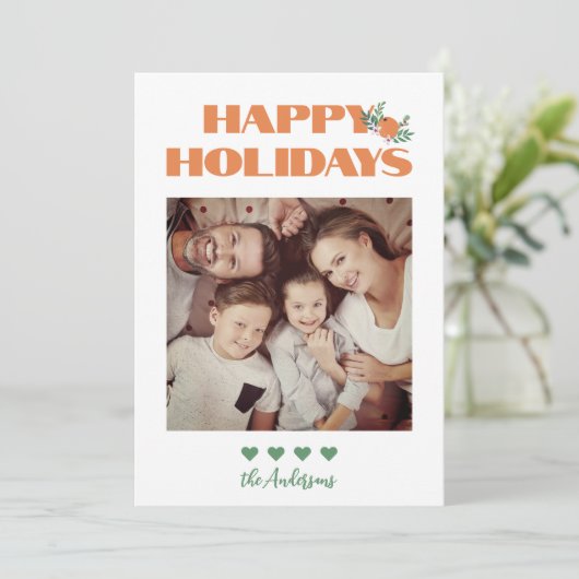 オレンジモダン色の緑のクリスマス家族の写真 シーズンカード (スタンド正面)