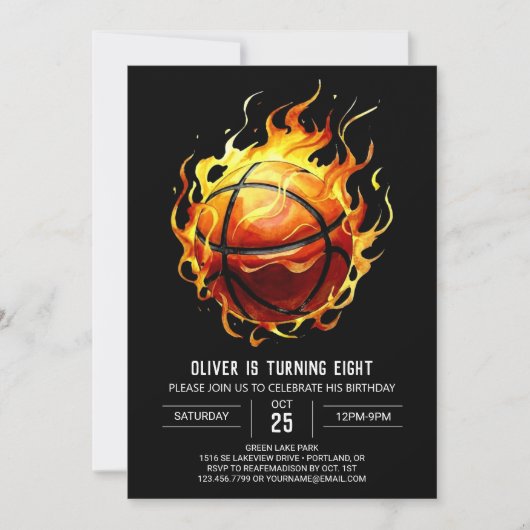 オレンジモダン色の編集可能バスケットボール誕生日 招待状 (正面)