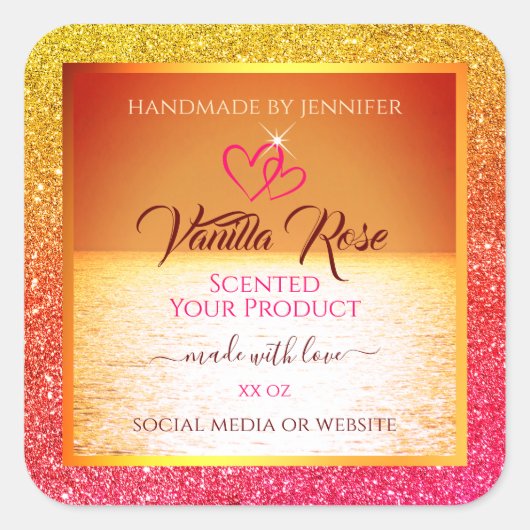 オレンジモダン色の黄色の海製品ラベルグリッター スクエアシール (正面)