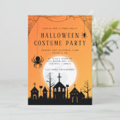 オレンジモダン色の黒の大人ハロウィーンの衣装パーティー 招待状 (スタンド正面)