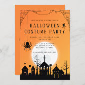 オレンジモダン色の黒の大人ハロウィーンの衣装パーティー 招待状 (正面/裏面)