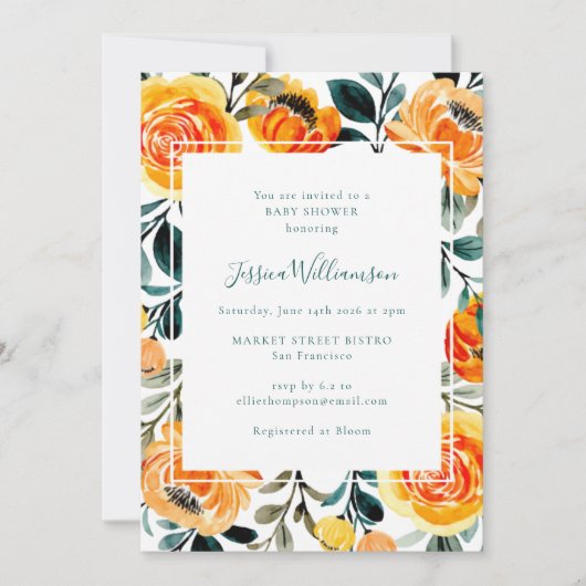 オレンジモダン色イエローフローラガーデンベイビーシャワー 招待状 (正面)