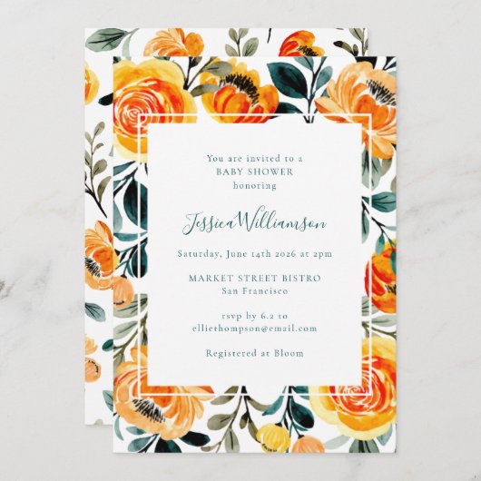 オレンジモダン色イエローフローラガーデンベイビーシャワー 招待状 (正面/裏面)