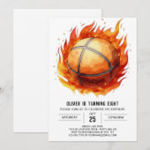 オレンジモダン色バスケ誕生日 招待状 (正面/裏面)