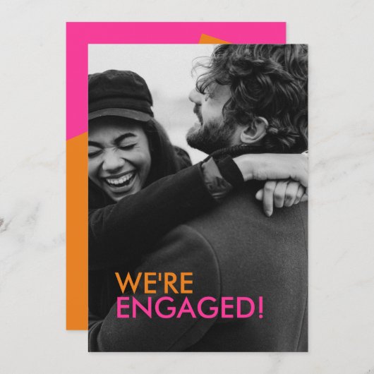 オレンジモダン色ピンク婚約発表カード 招待状 (正面/裏面)