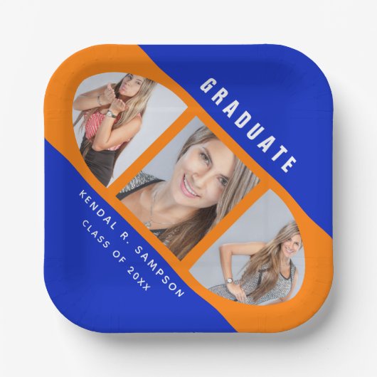 オレンジモダン&ブルーの卒業写真コラージュパ ペーパープレート (正面)