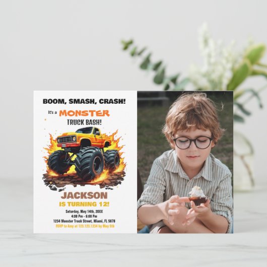 オレンジモンスタートラック誕生日招待状写真 招待状 (スタンド正面)