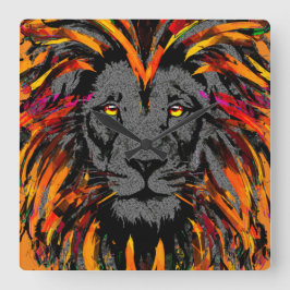 オレンジライオンウォールクロック – ライオンヘッドイラストレーション スクエア壁時計