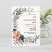 オレンジラストブルーウォーターカラーフローラ60誕生日 招待状 (スタンド正面)