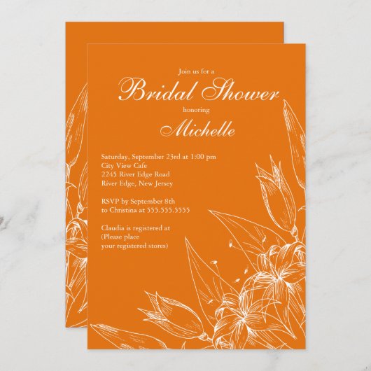 オレンジリエレガントリーフラワーブライダルシャワー 招待状 (正面/裏面)
