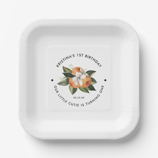 オレンジリトルかわいこちゃんは1歳の誕生日パーティーページ ペーパープレート (正面)