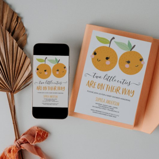 オレンジリトルかわいこちゃんシトラスツインガールズベビーシャワー 招待状