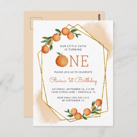 オレンジリトルかわいこちゃんシトラス1st誕生日招待状 ポストカード (正面/裏面)