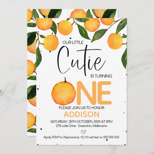 オレンジリトルかわいこちゃんファースト誕生日招待状 招待状 (正面/裏面)