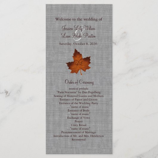 オレンジリネンモノグラムの結婚式 プログラム (正面)